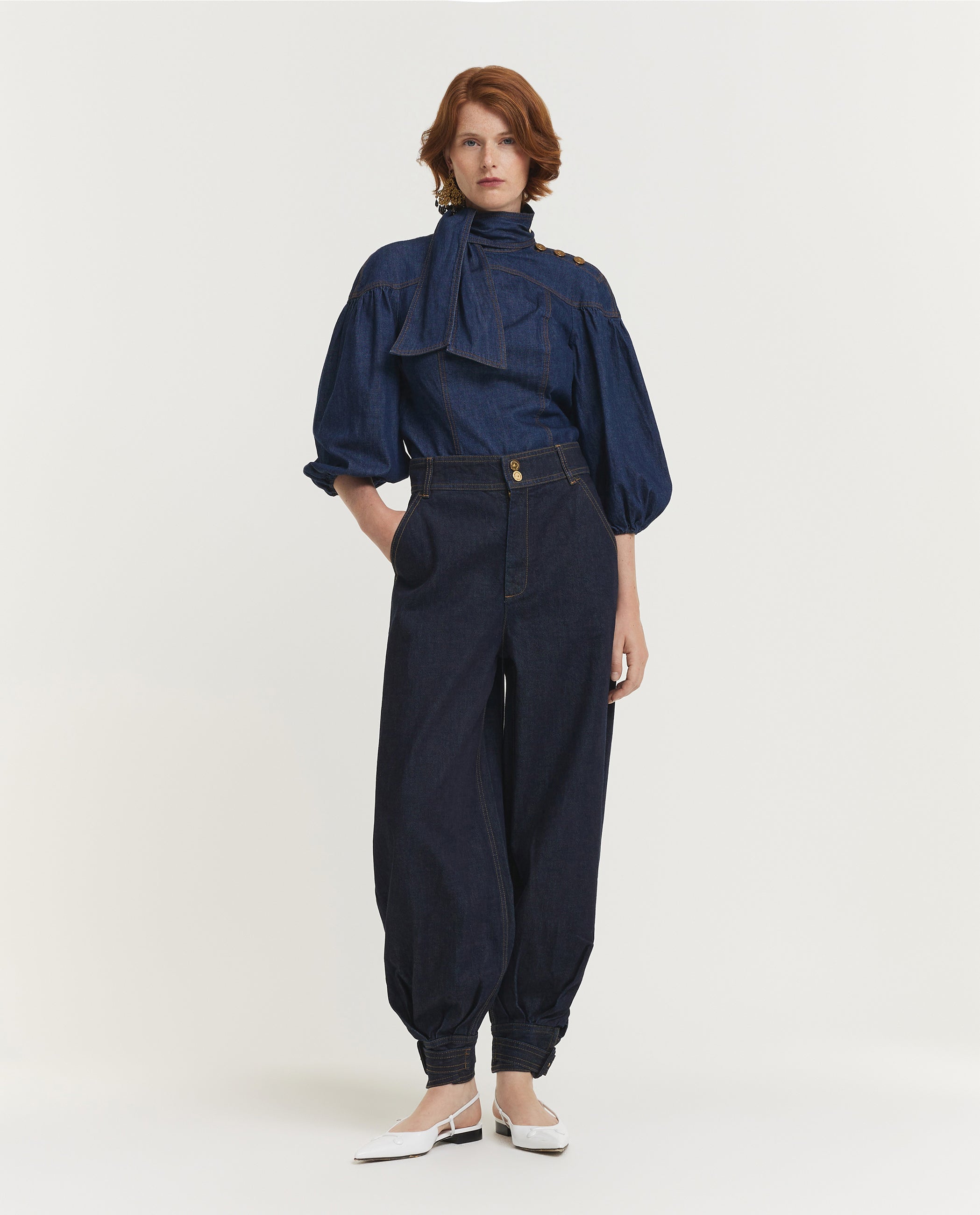 Denim Fitted Blouse - Donkerblauw