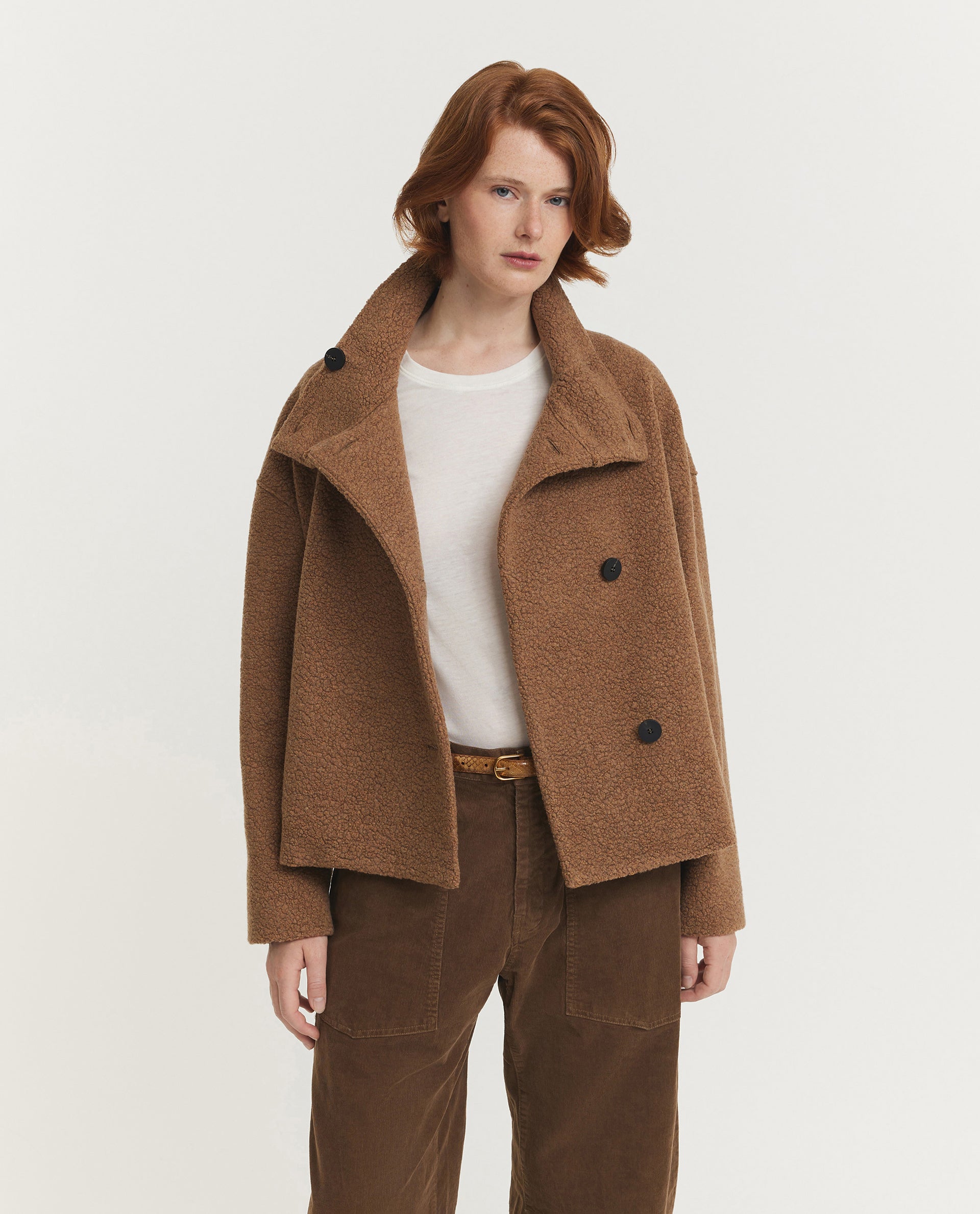 Cropped Funnel Bouclé Jas - Bruin