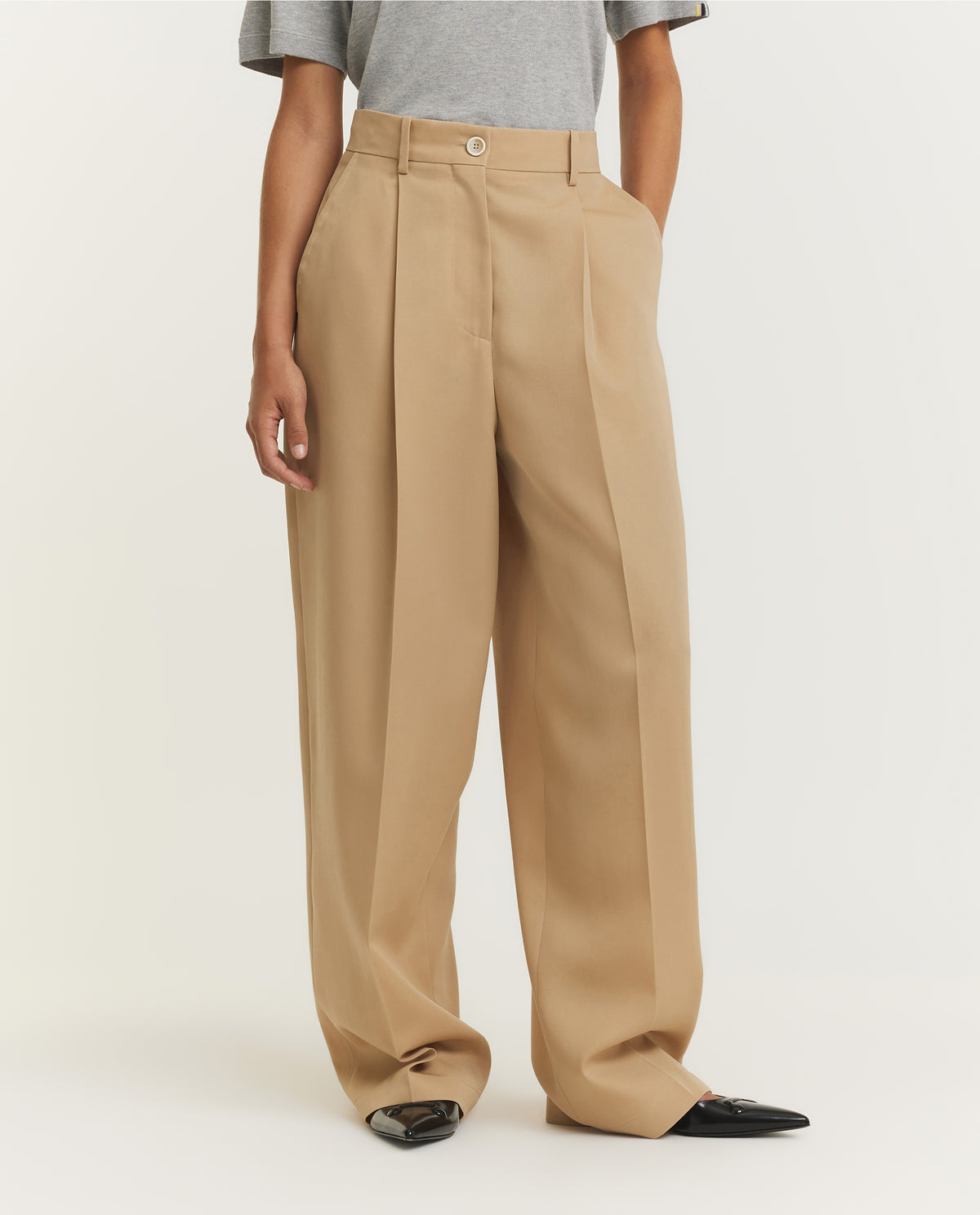 Wijde Wollen Bandplooi Broek - Lichtbruin