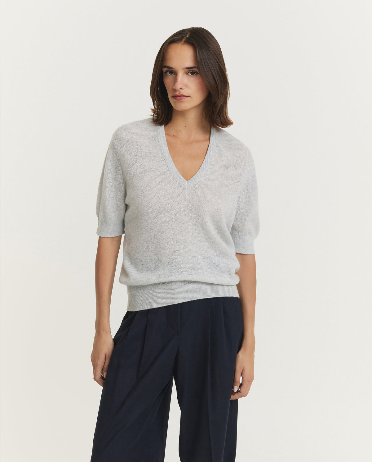 Cashmere Korte Mouwen Trui - Lichtgrijs