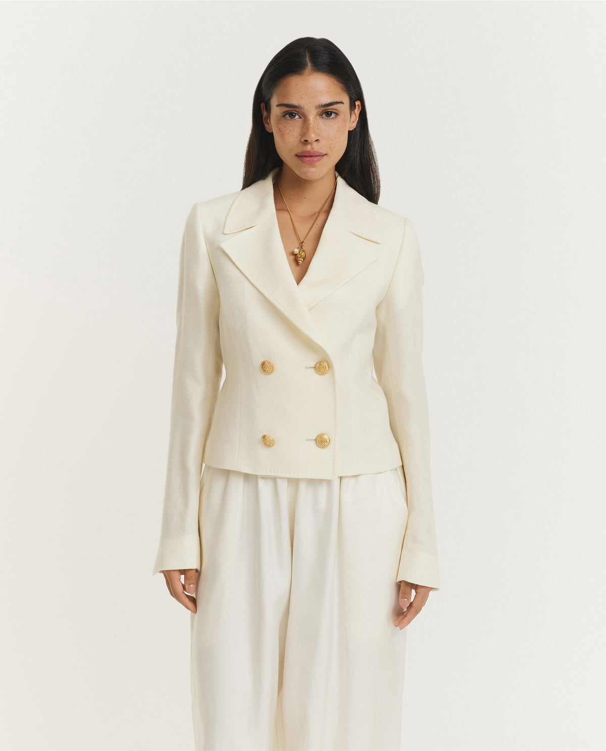 Twill Wol Double-Breasted Jasje - Ecru