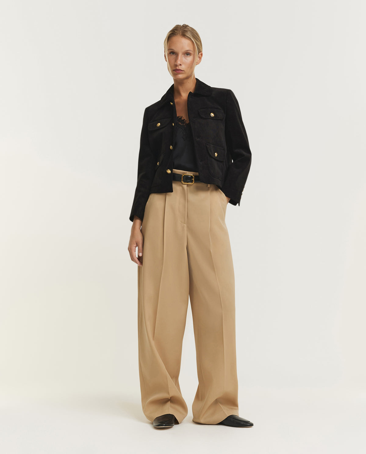 Wijde Wollen Bandplooi Broek - Lichtbruin