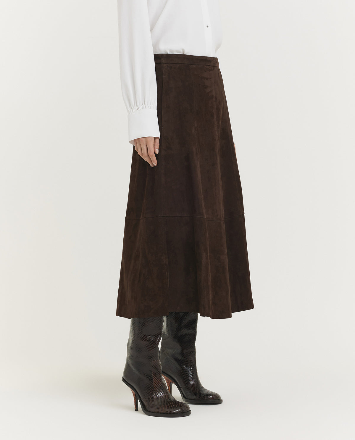 Mid-Rise Flared Suede Skirt