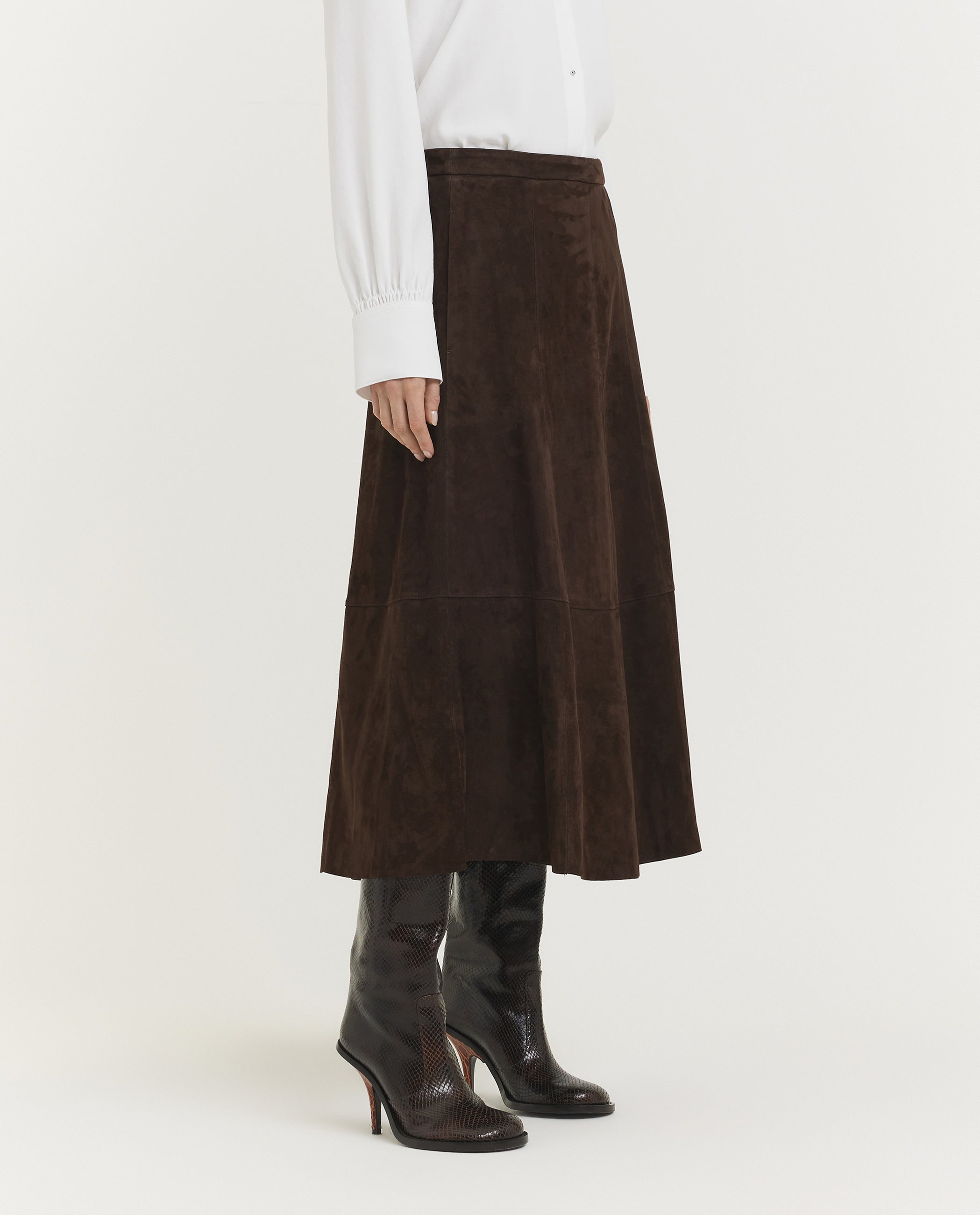 Mid-Rise Flared Suede Skirt