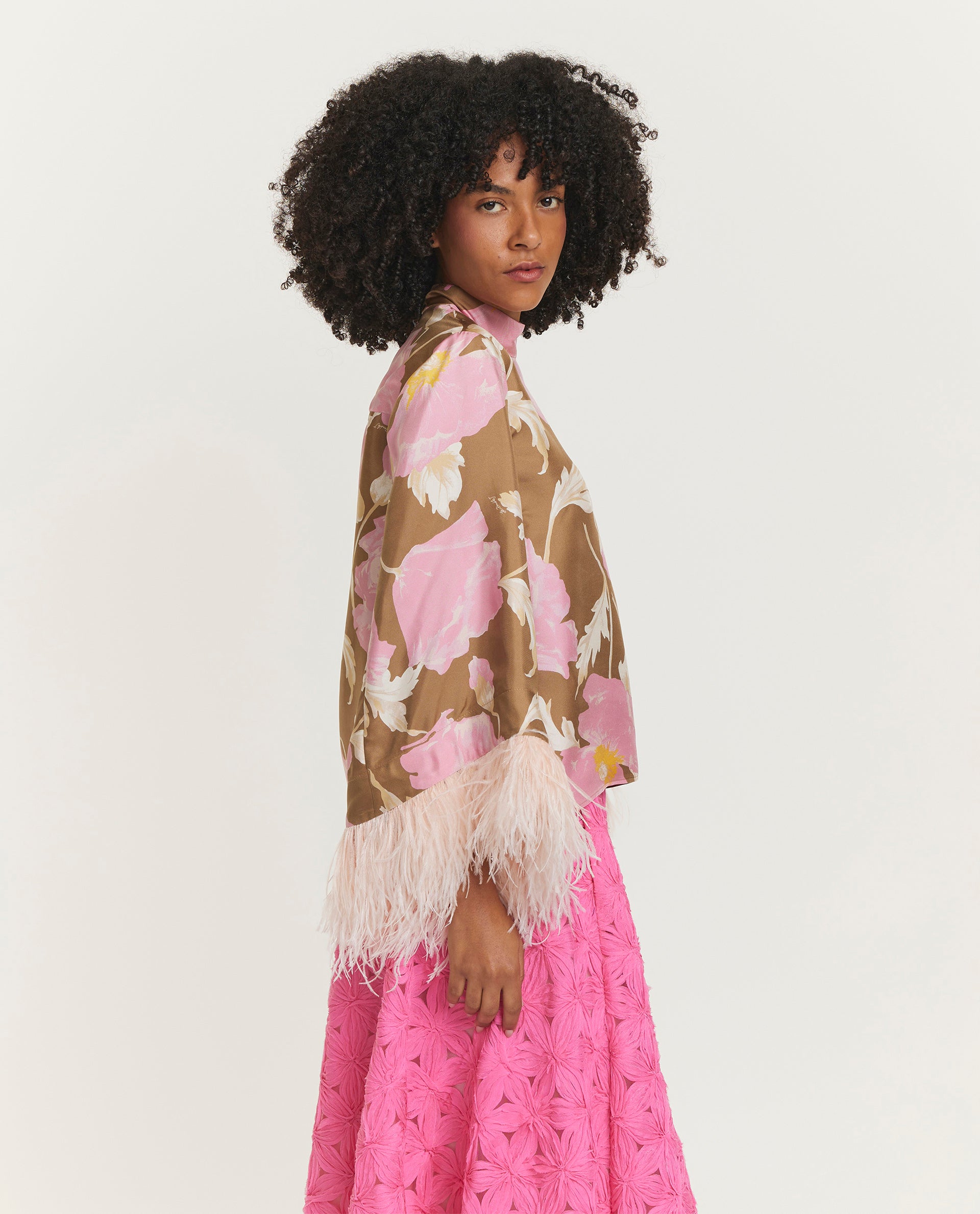 Zijden top met veren - Roze