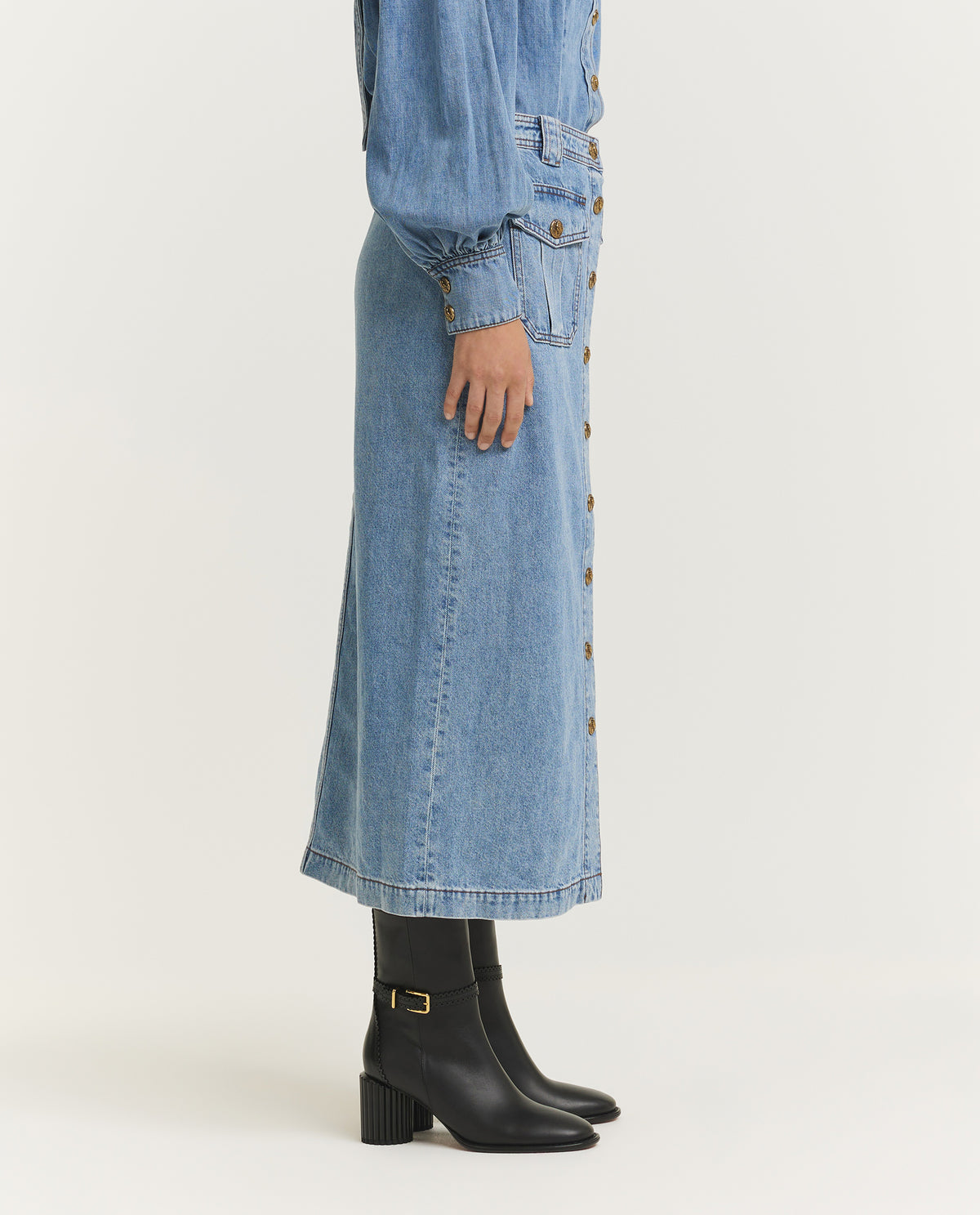 Denim Pencil Midi Skirt