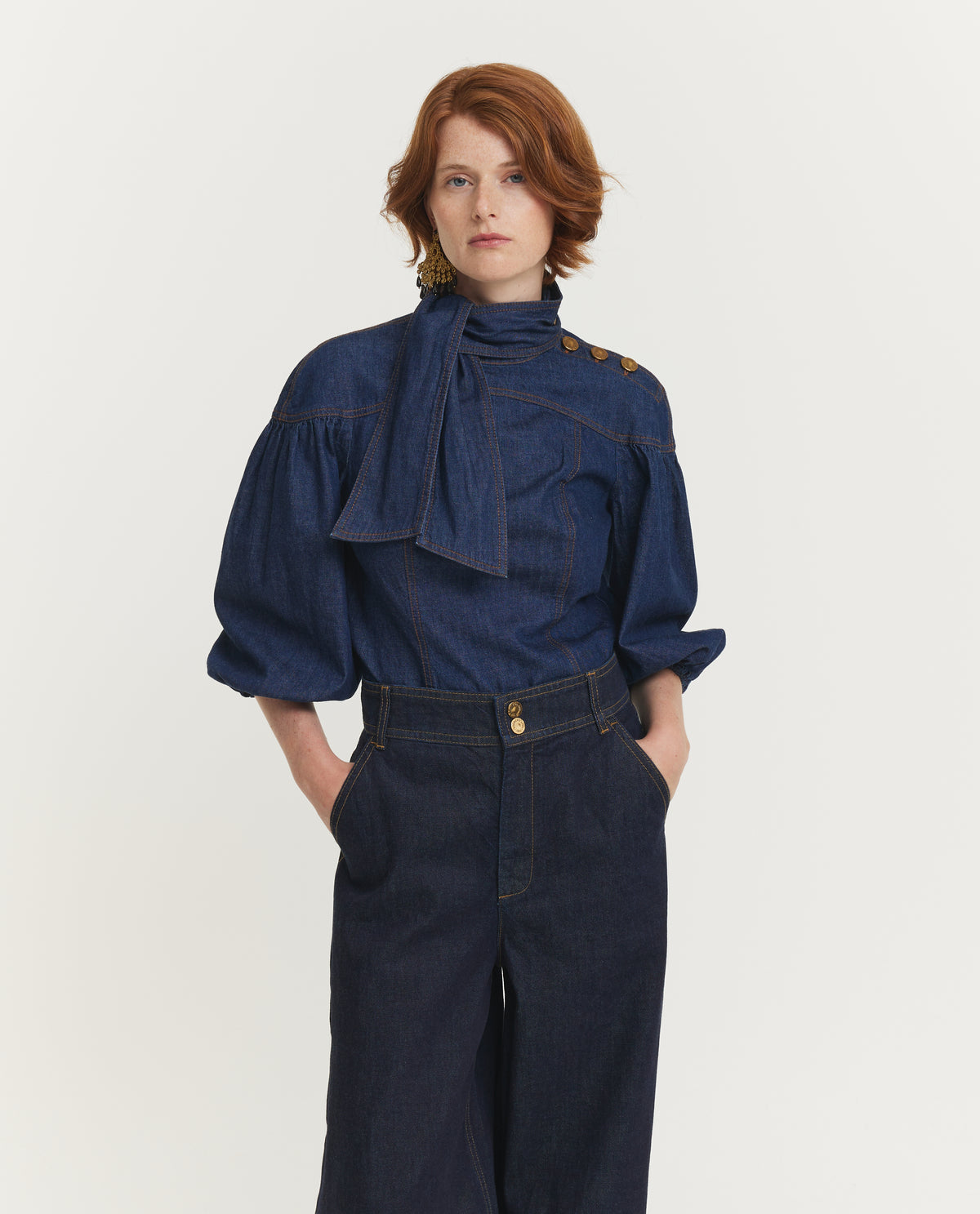 Denim Fitted Blouse - Donkerblauw