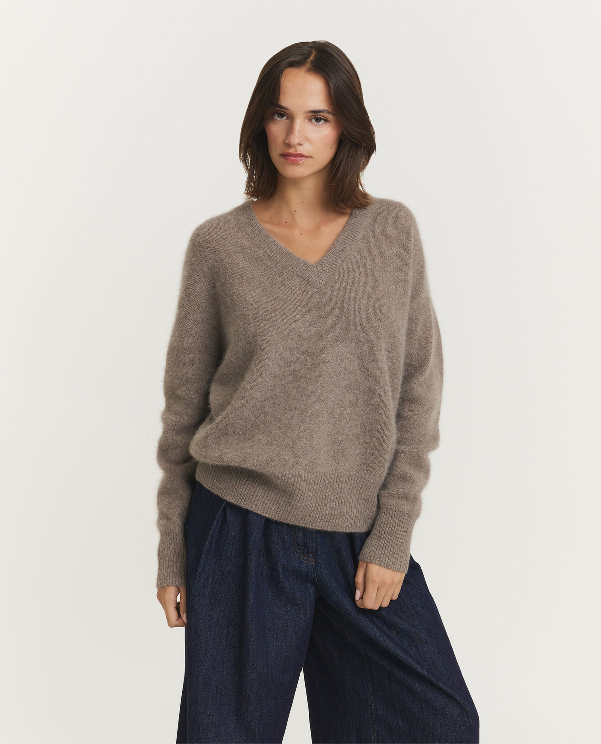 Wol Mix V-Hals Trui - Lichtbruin