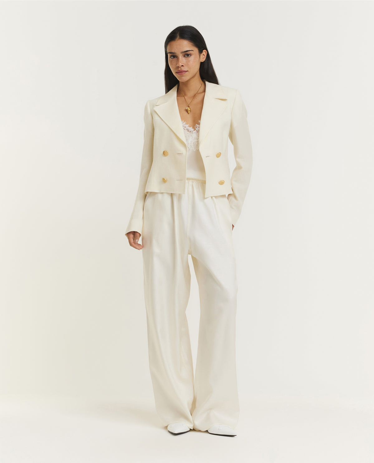 Twill Wol Double-Breasted Jasje - Ecru