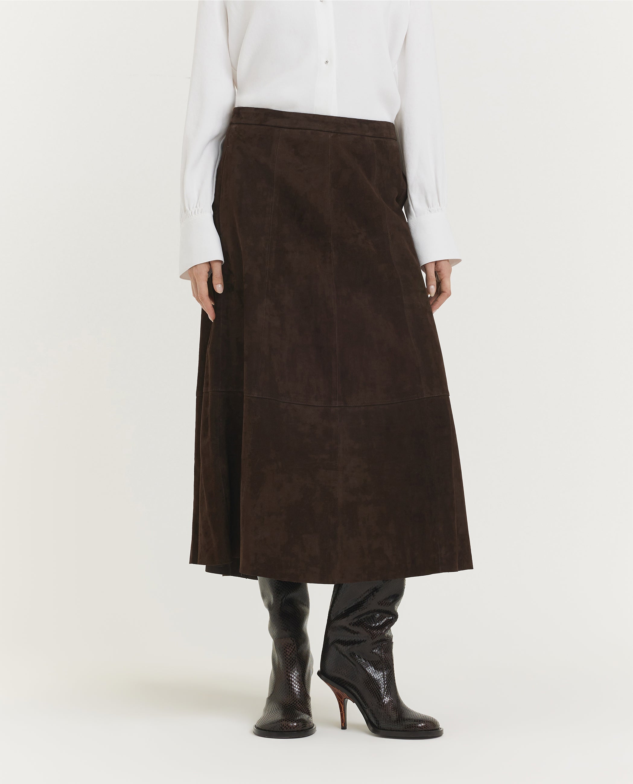 Mid-Rise Flared Suede Skirt