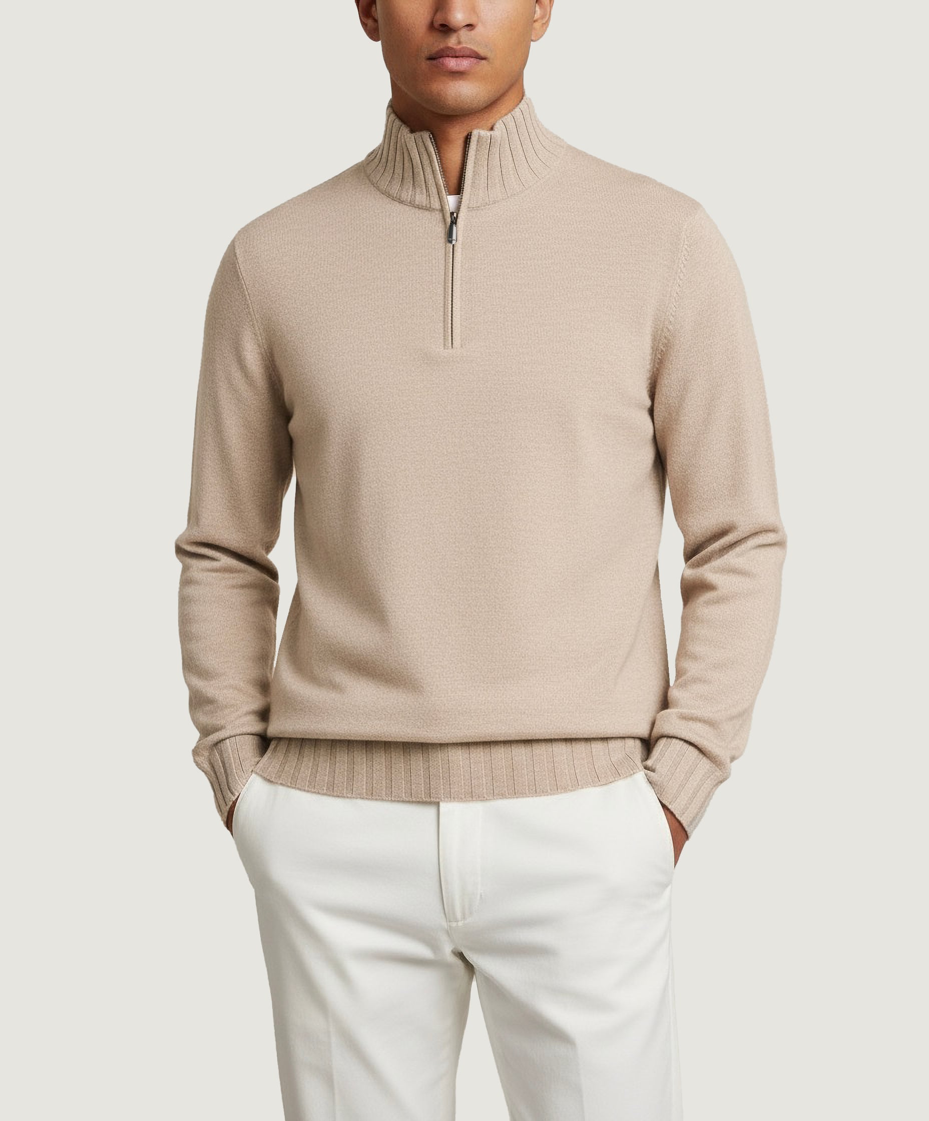 Cashmere Half-Zip Trui - Lichtbruin