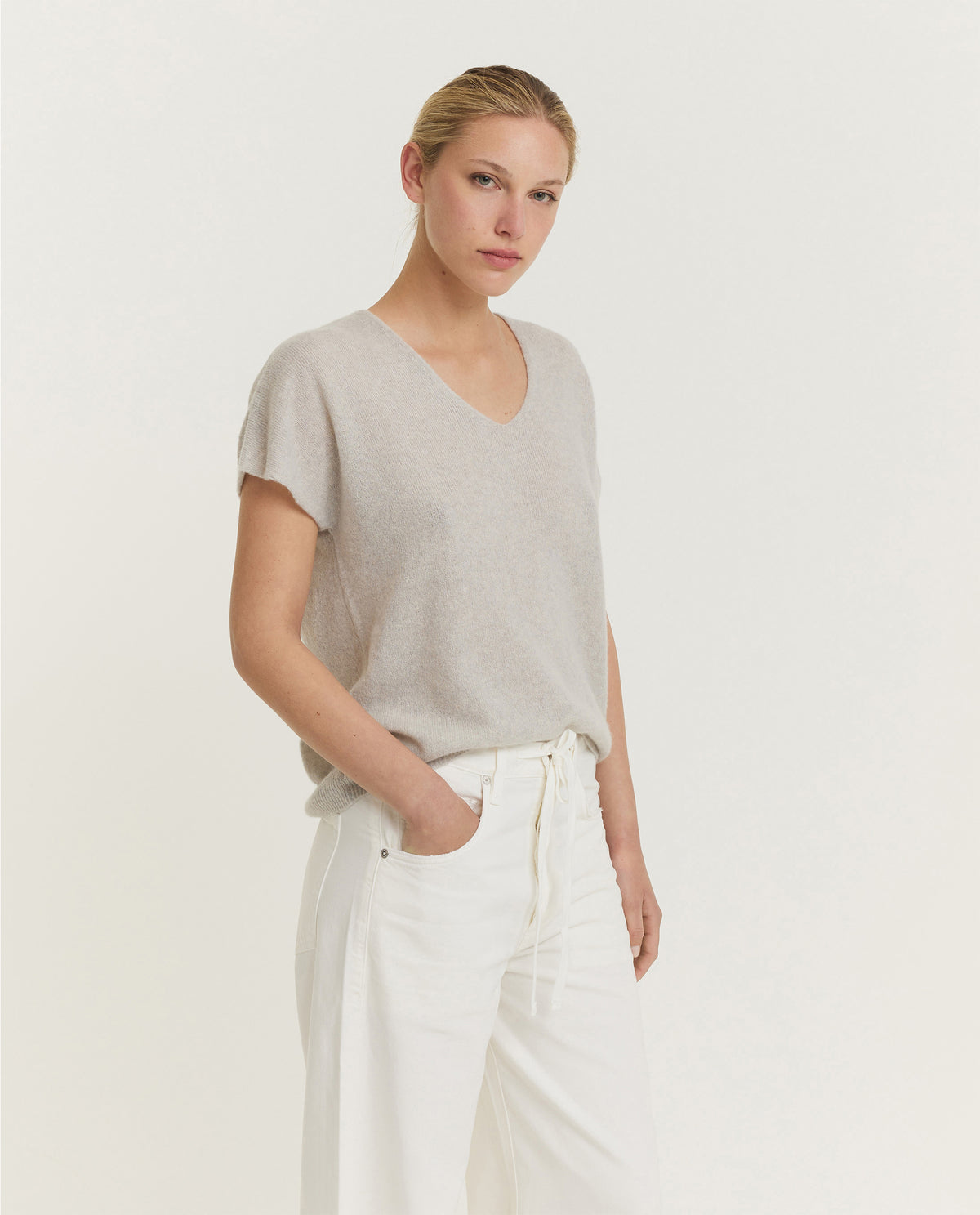 Cashmere Zijden V-Hals Top - Lichtgrijs