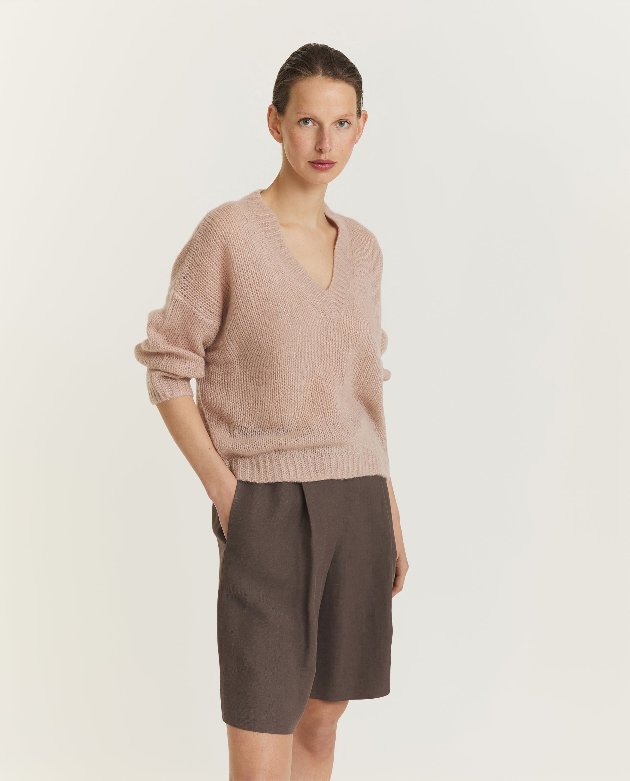 Cashmere Zijden V-hals Trui - Roze