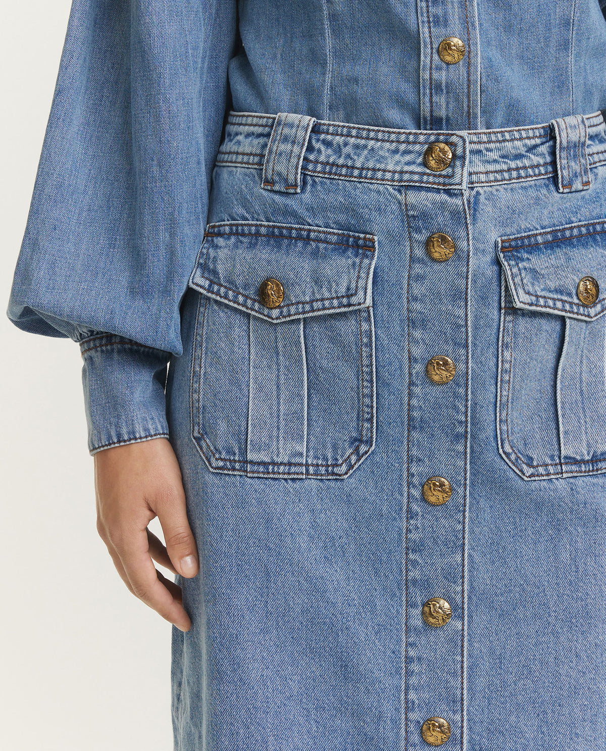 Denim Pencil Midi Skirt