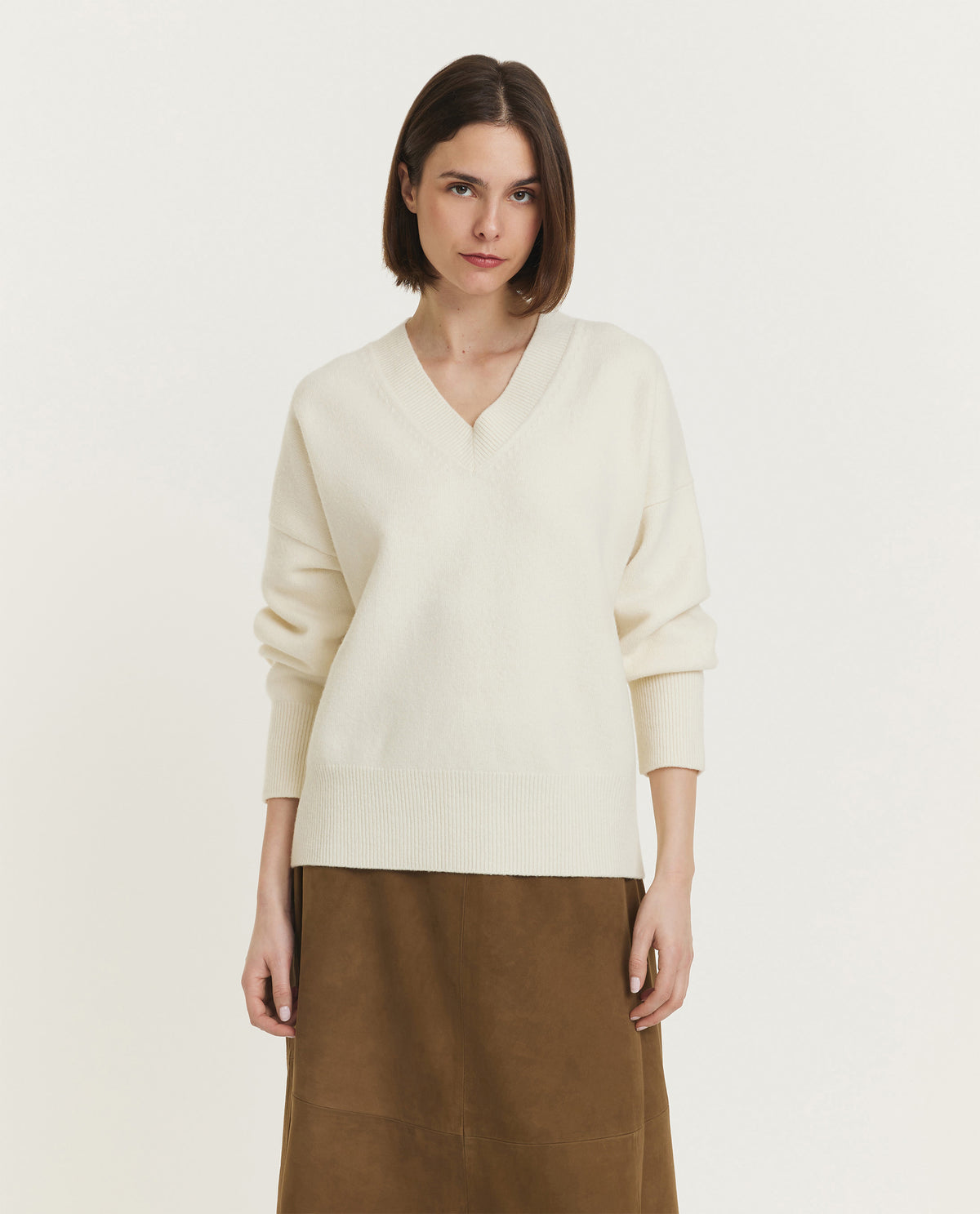 Gebreide trui met V-hals - Ecru