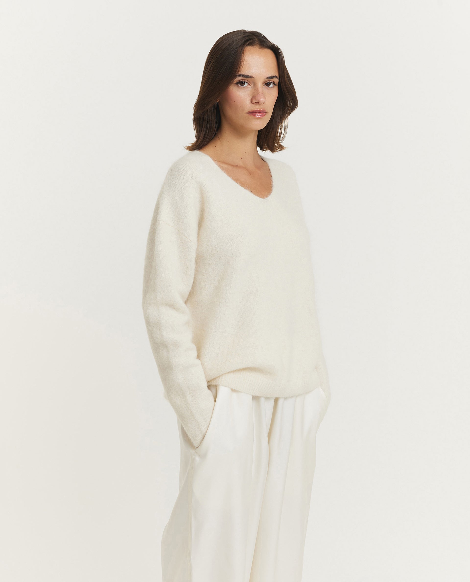 Shaggy Alpaca V-Hals Trui - Ecru