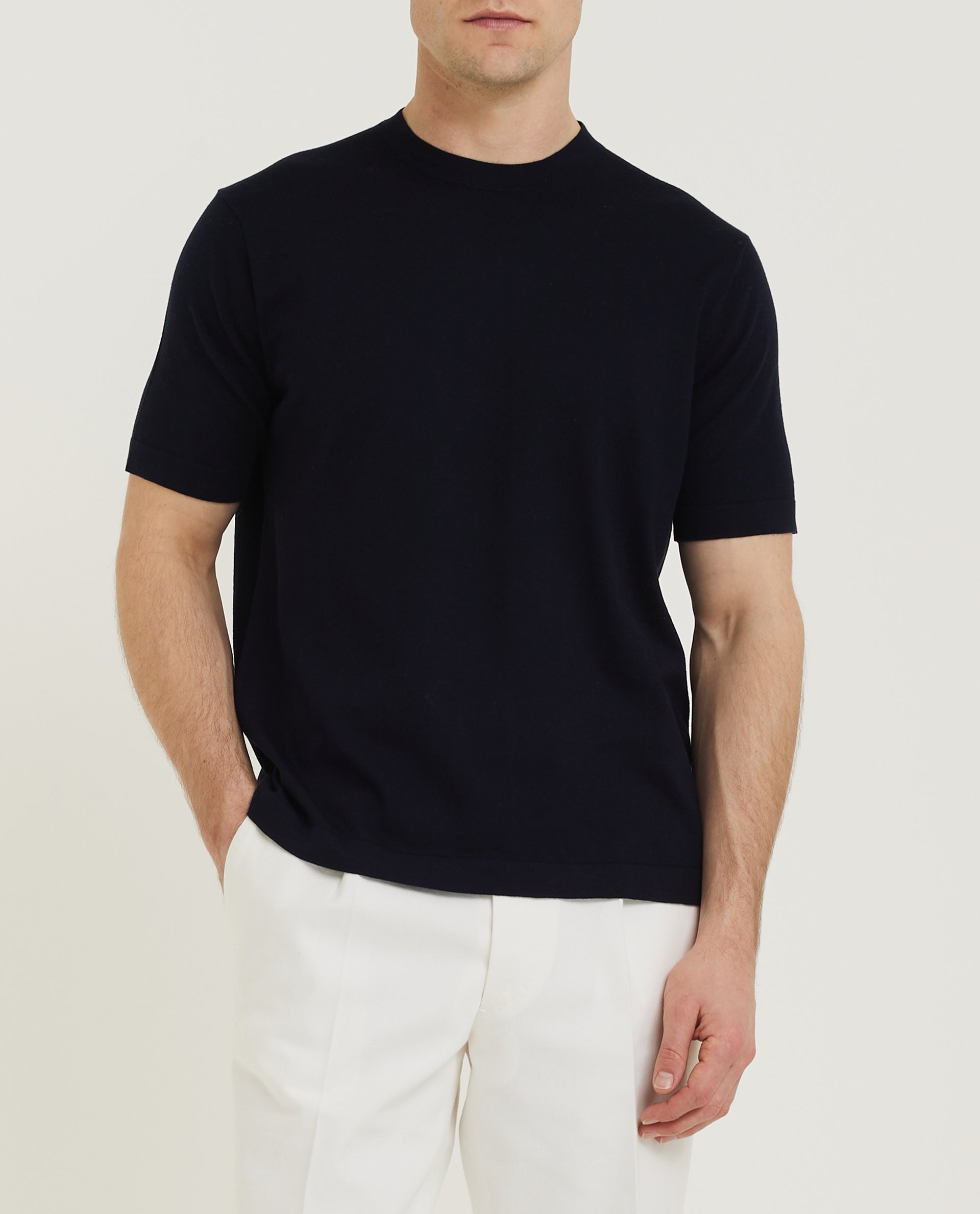 Katoen Zijde T-Shirt - Donkerblauw