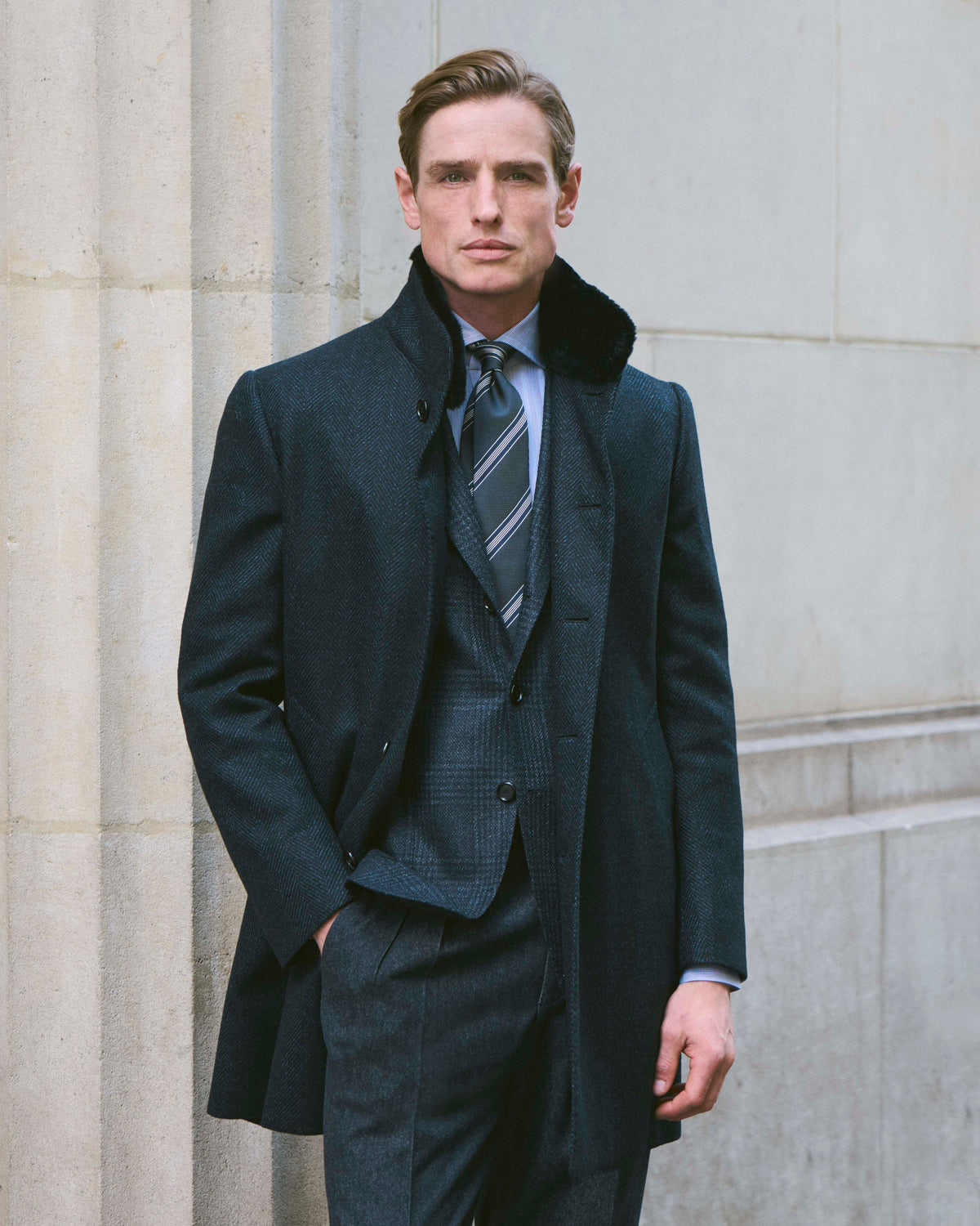 Visgraat Overjas - Donkerblauw