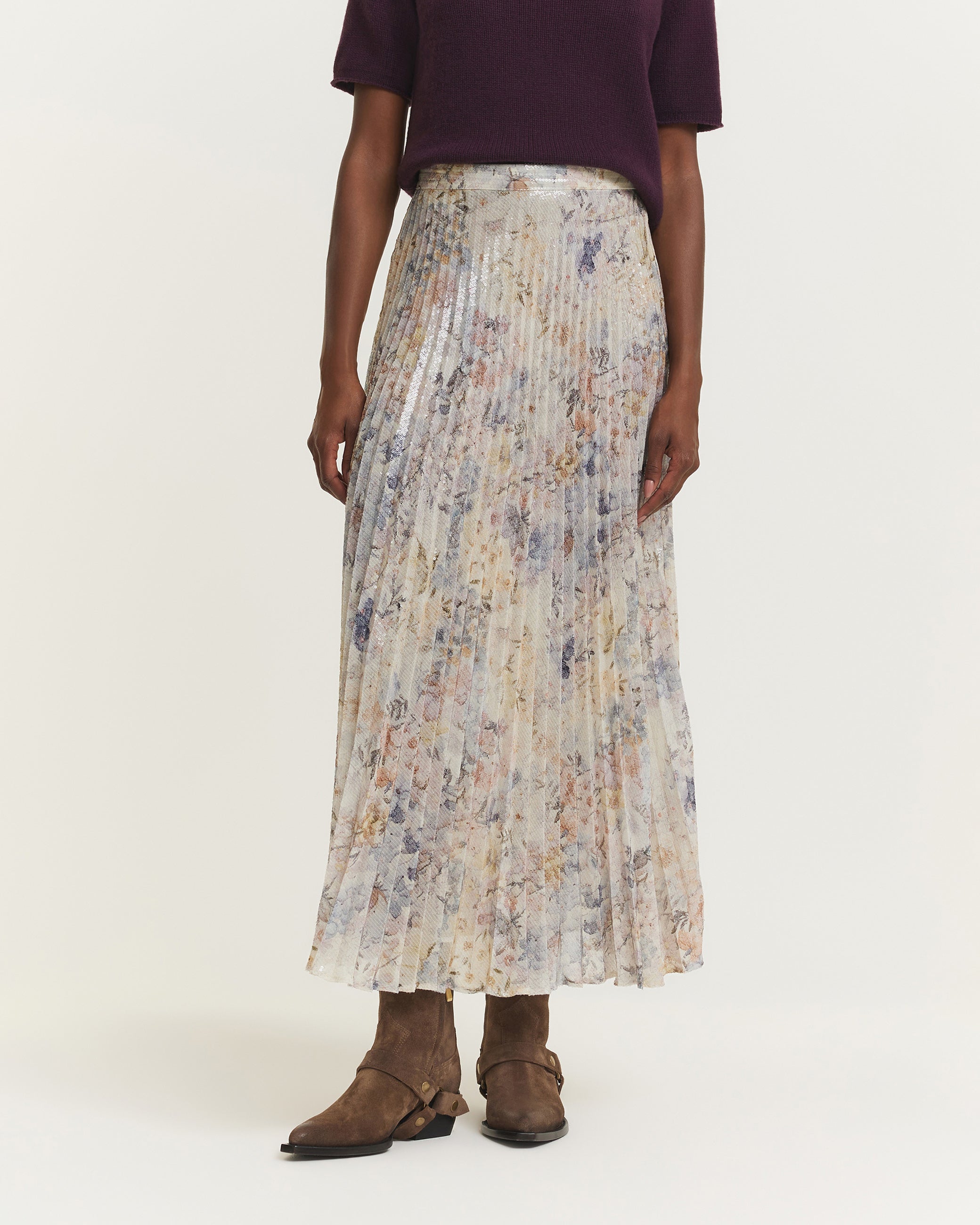 Lange Geplooide Kleurige Rok - Ecru