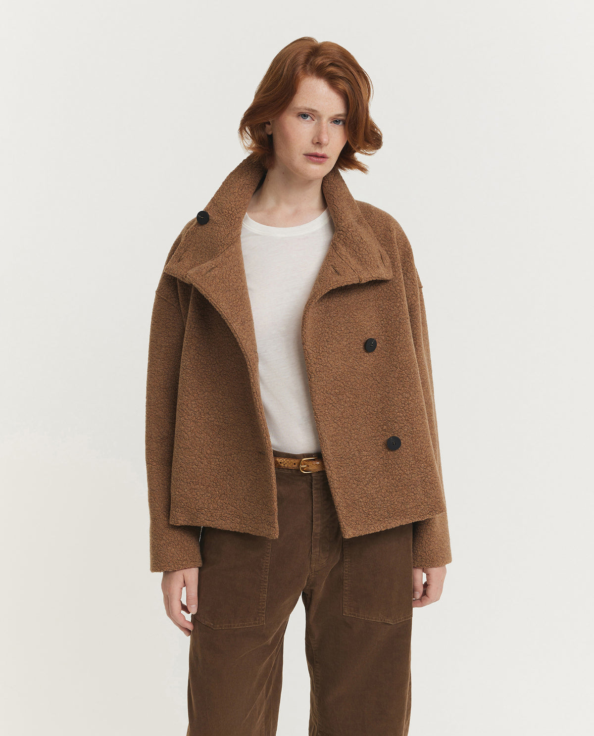 Cropped Funnel Bouclé Jas - Bruin