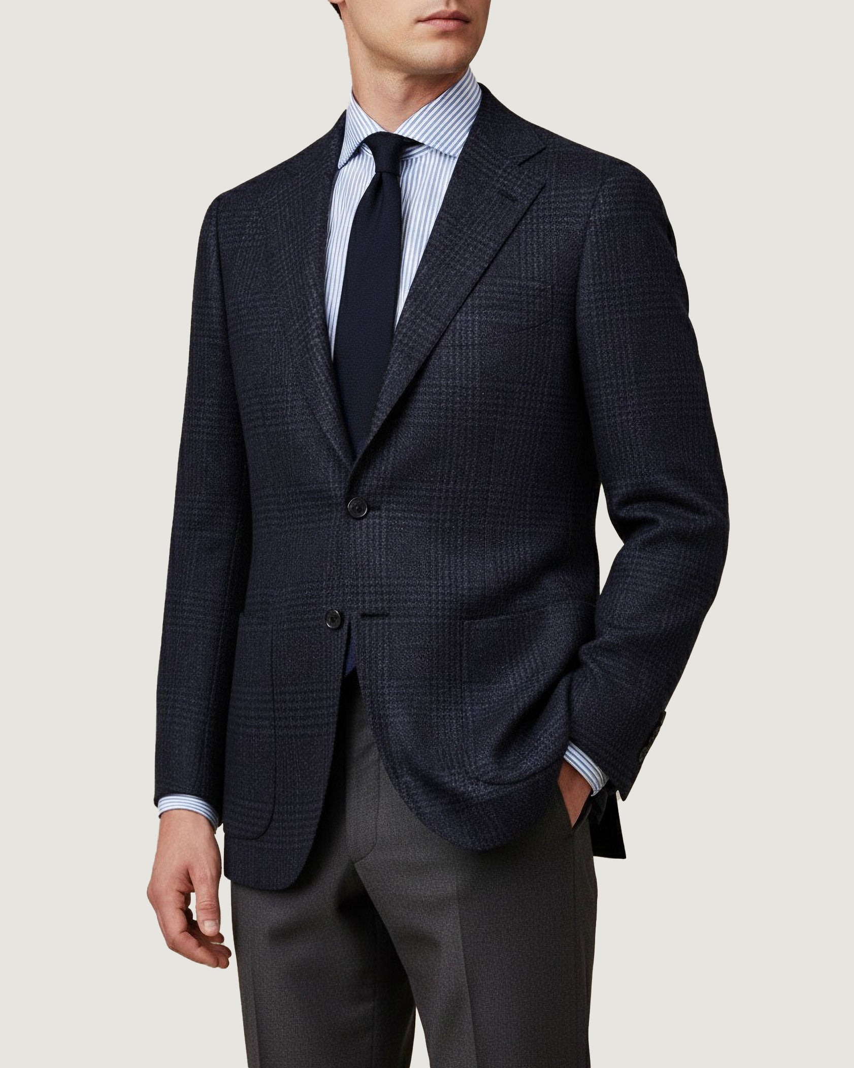 Wol Zijden Glencheck Jasje - Donkerblauw