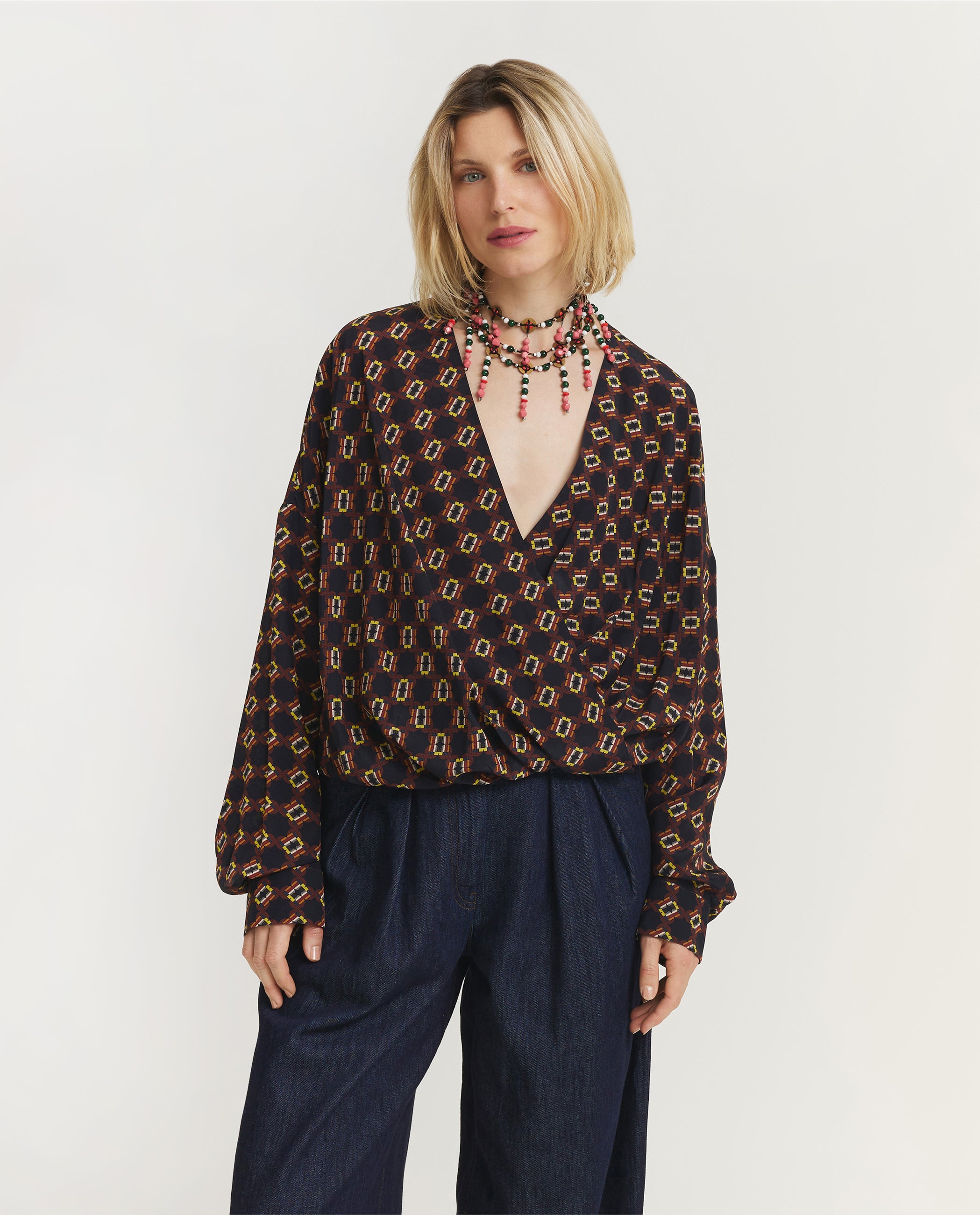 Geprinte Zijden Top - Donkerblauw