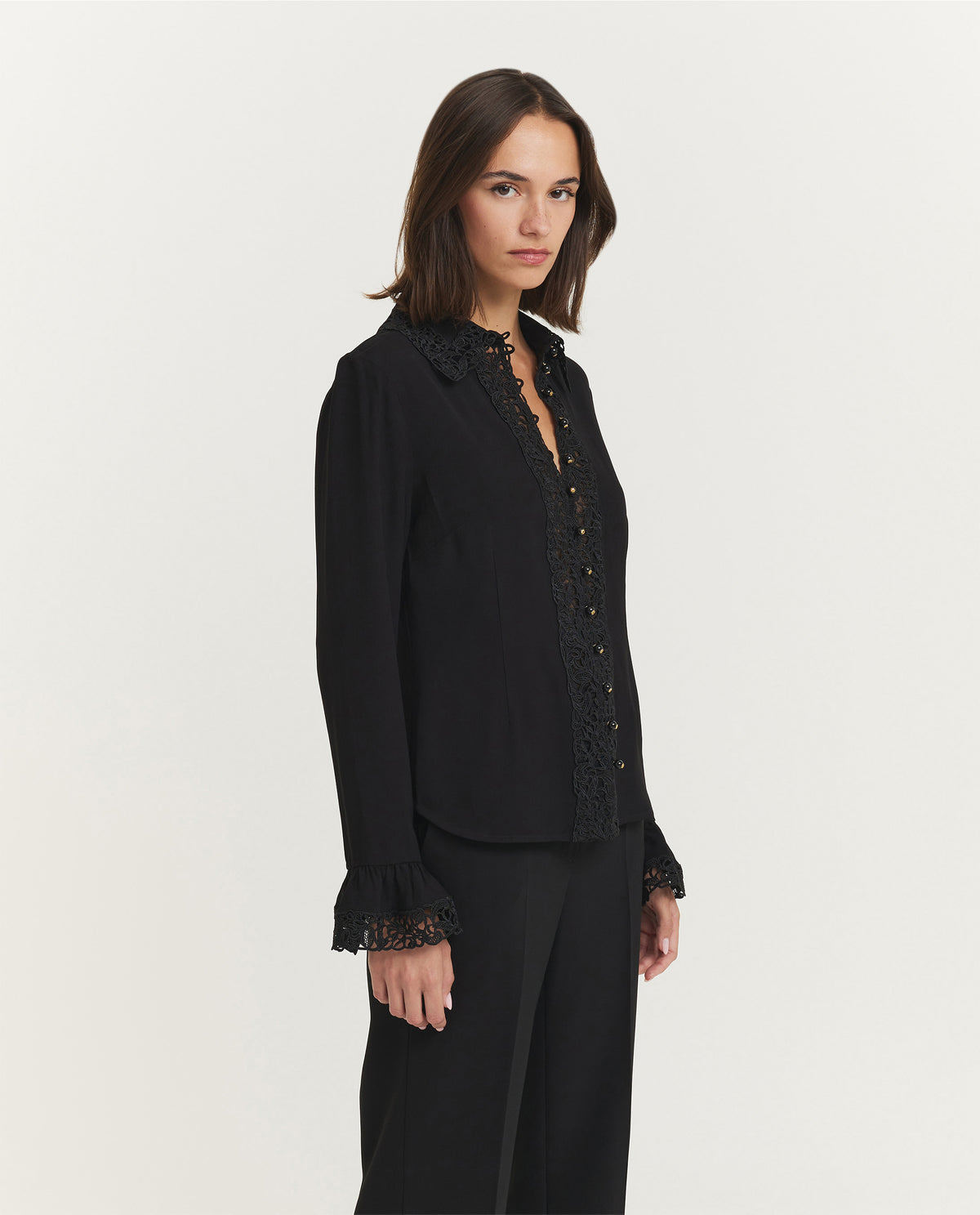 Lace Trimmed Shirt - Zwart