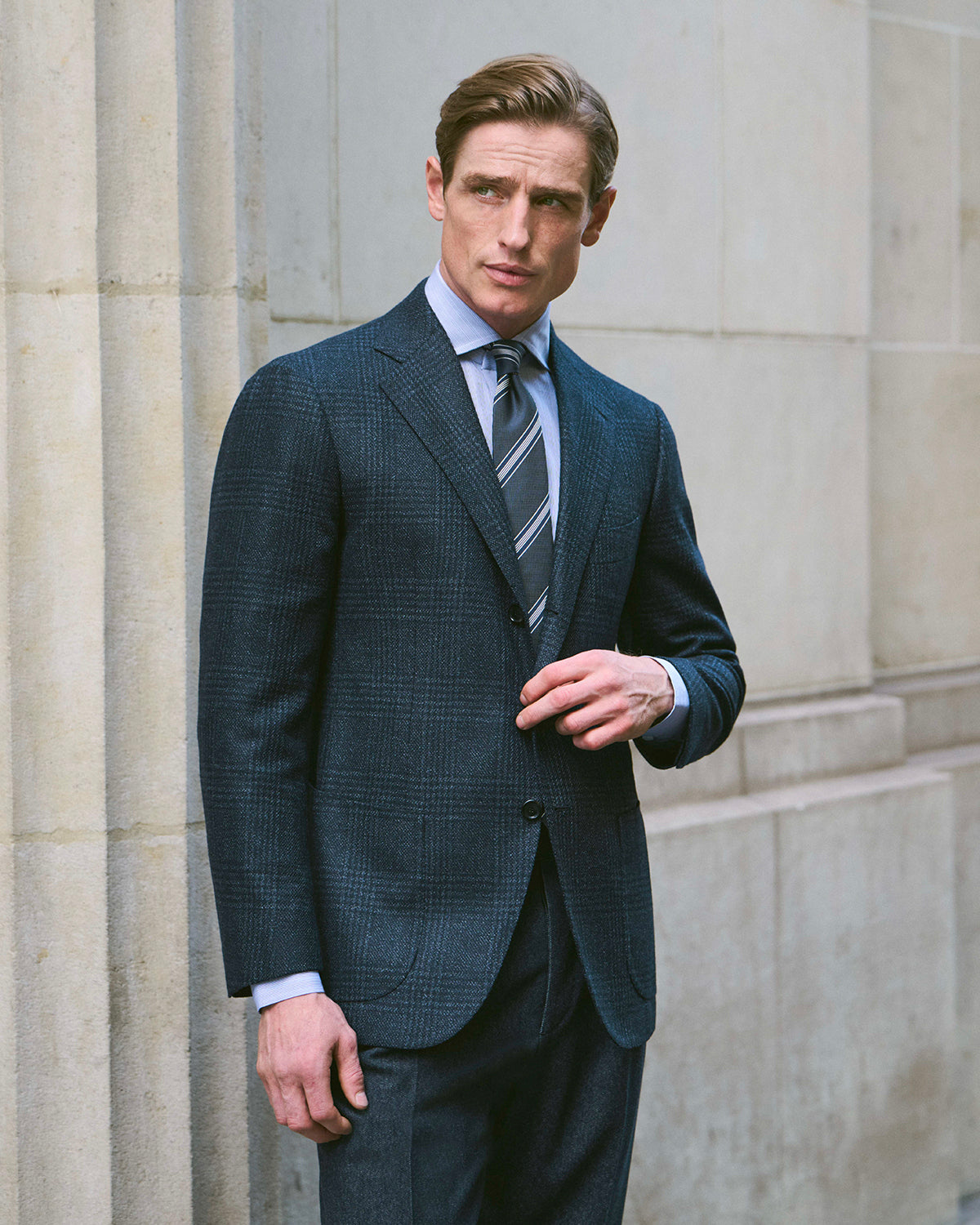 Wol Zijden Glencheck Jasje - Donkerblauw