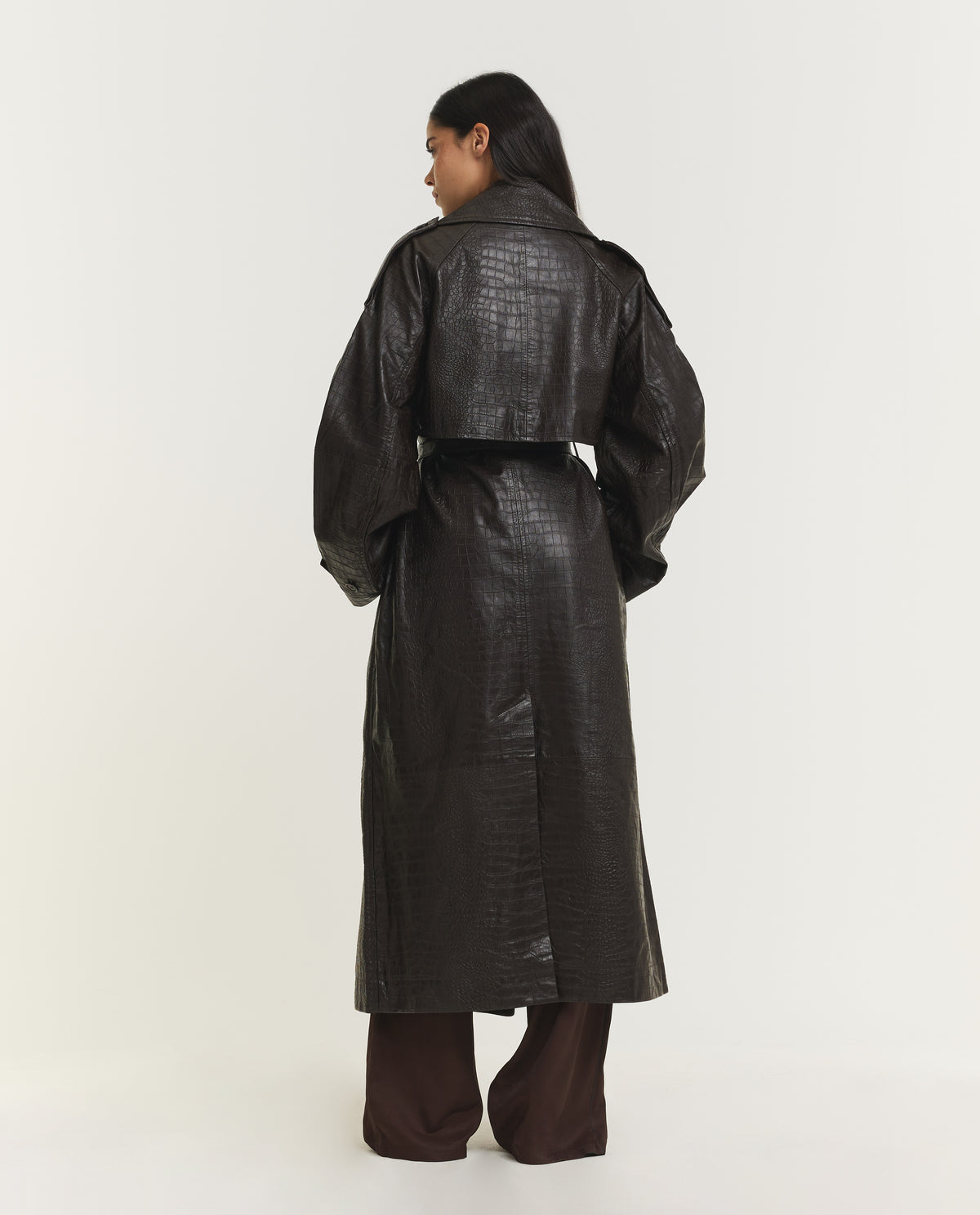 Lederen Croco Trenchcoat - Bruin