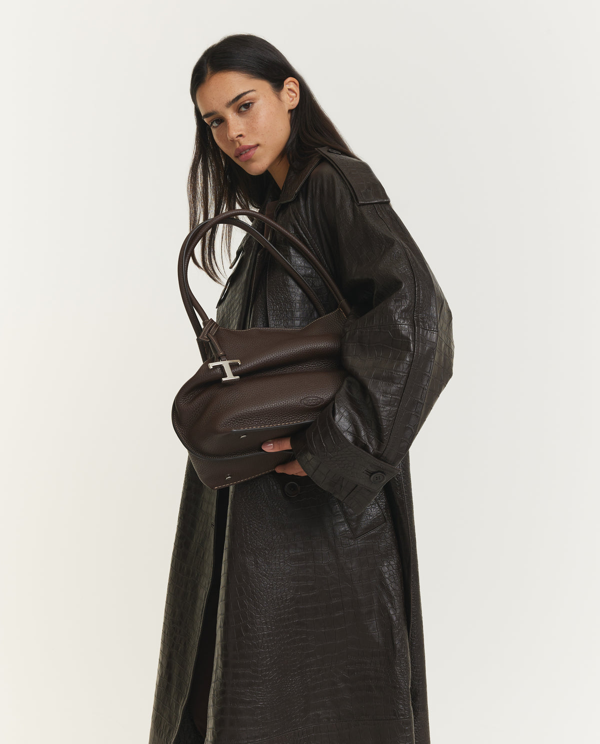 Lederen Croco Trenchcoat - Bruin