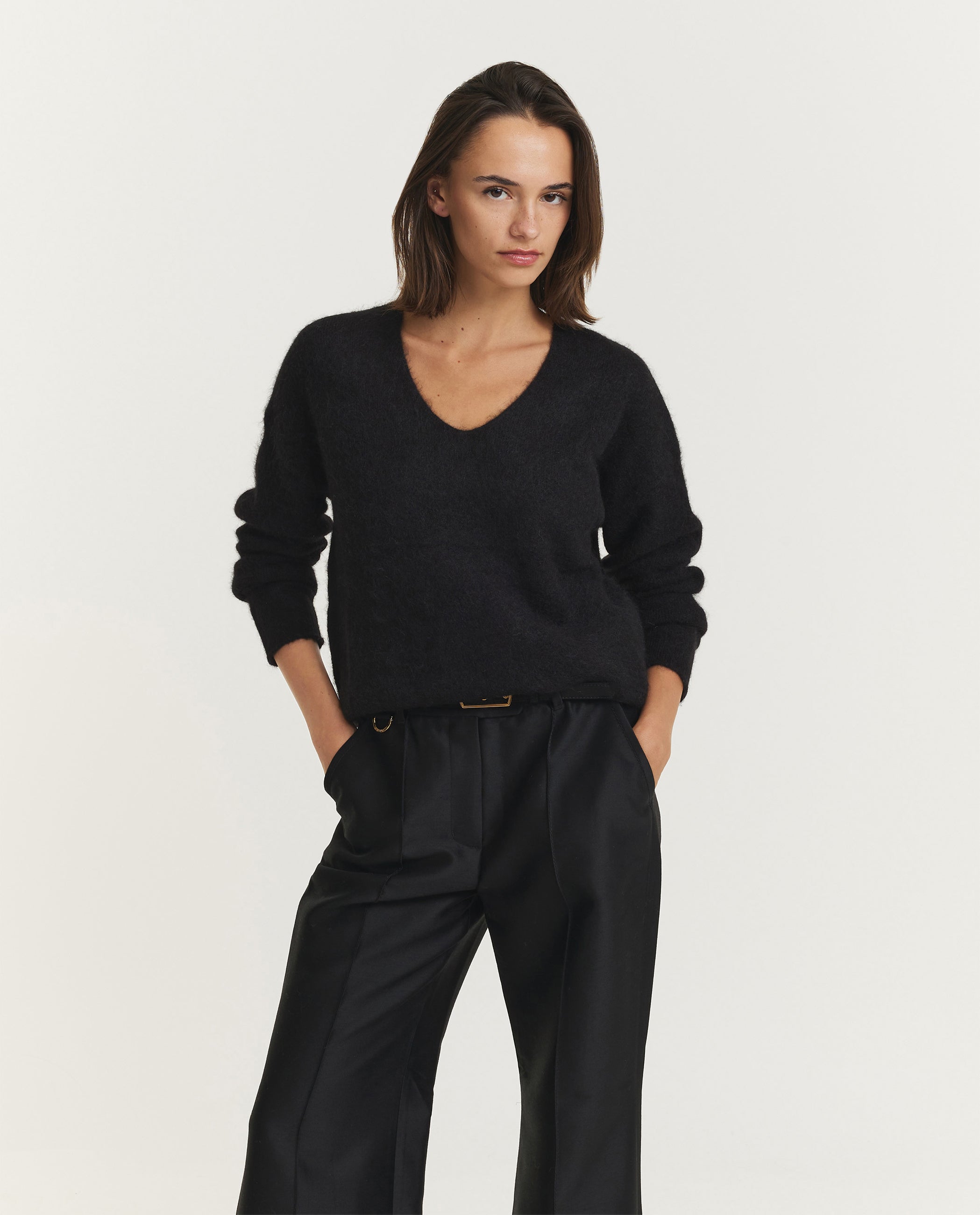 Shaggy Alpaca V-Hals Trui - Zwart