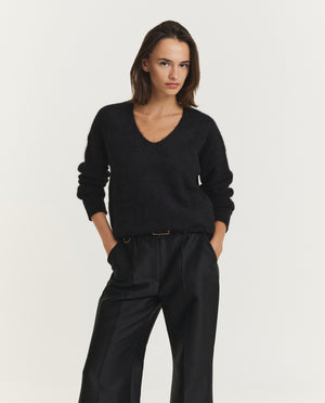 Shaggy Alpaca V-Hals Trui - Zwart