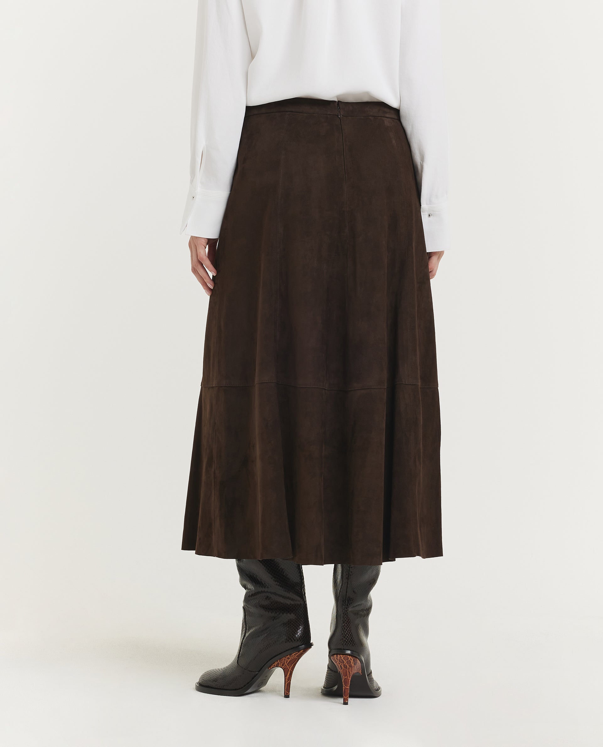 Mid-Rise Flared Suede Skirt