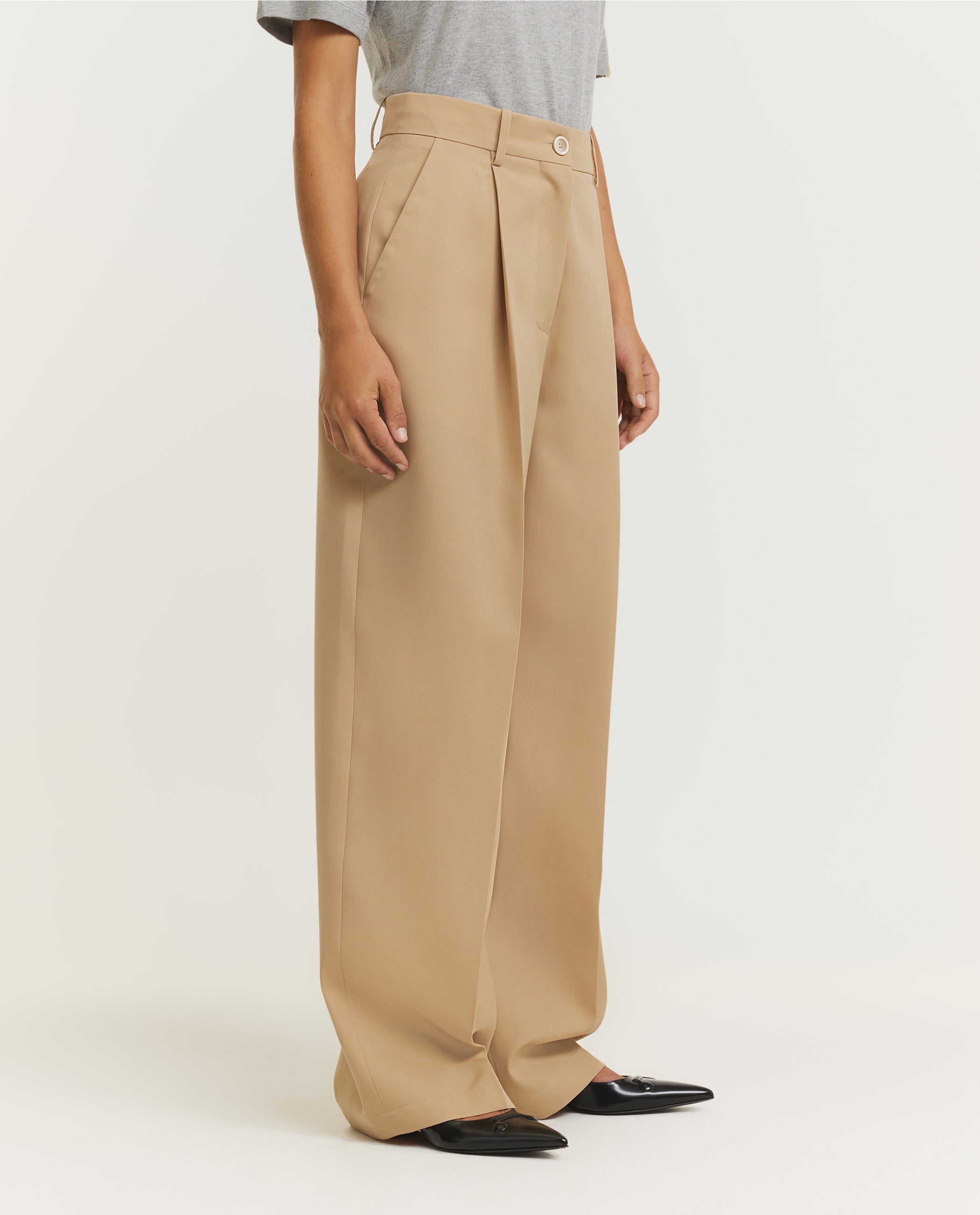 Wijde Wollen Bandplooi Broek - Lichtbruin