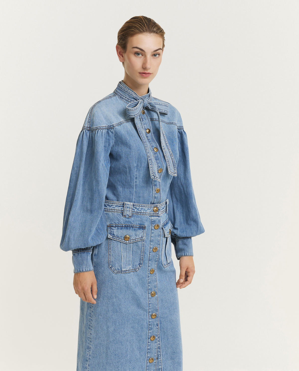 Denim Tie Neck Blouse - Lichtblauw