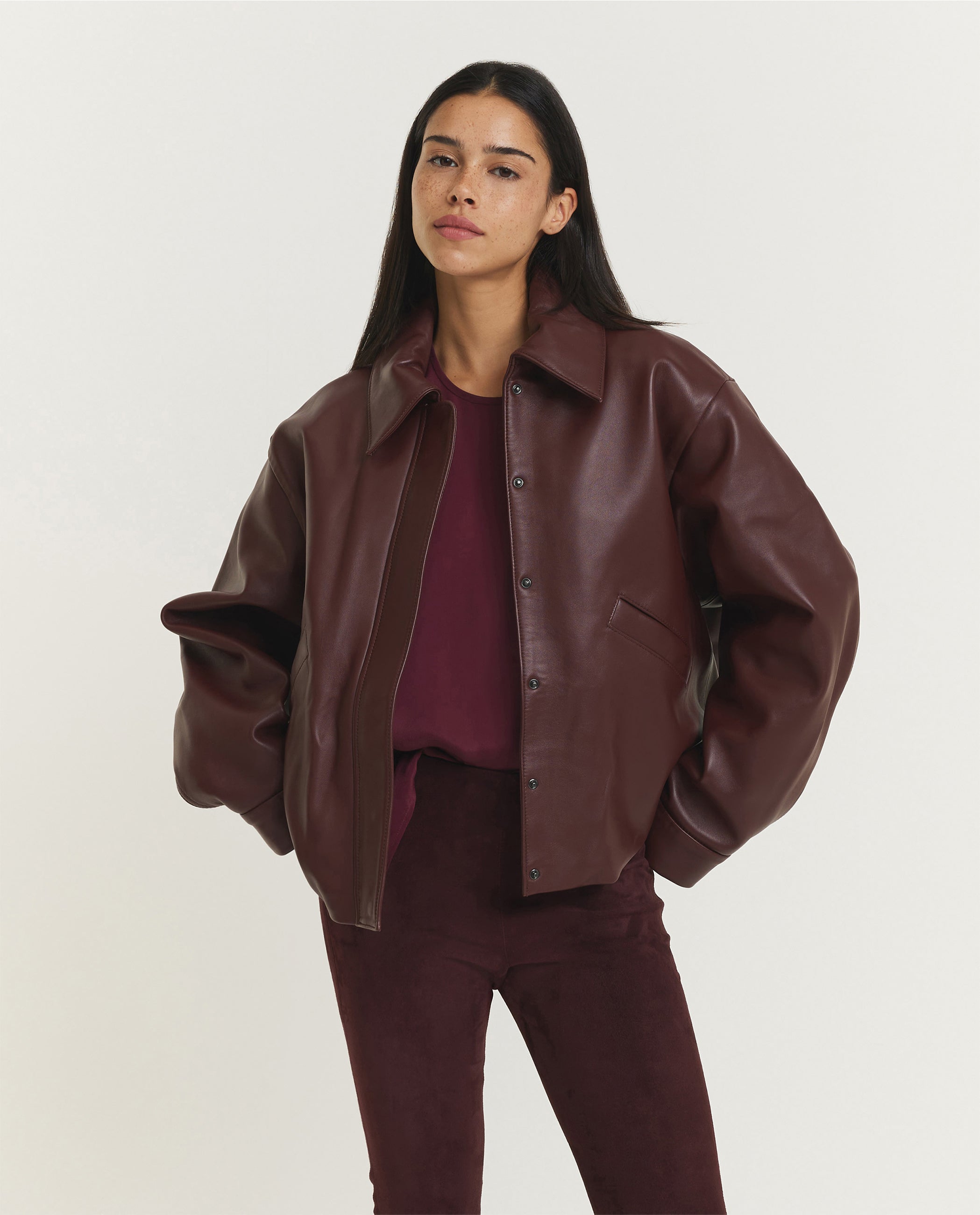 Korte Lam Lederen Bomber - Rood