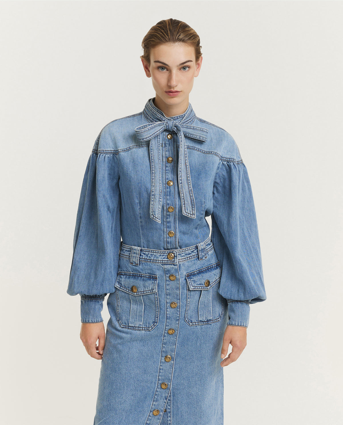 Denim Tie Neck Blouse - Lichtblauw