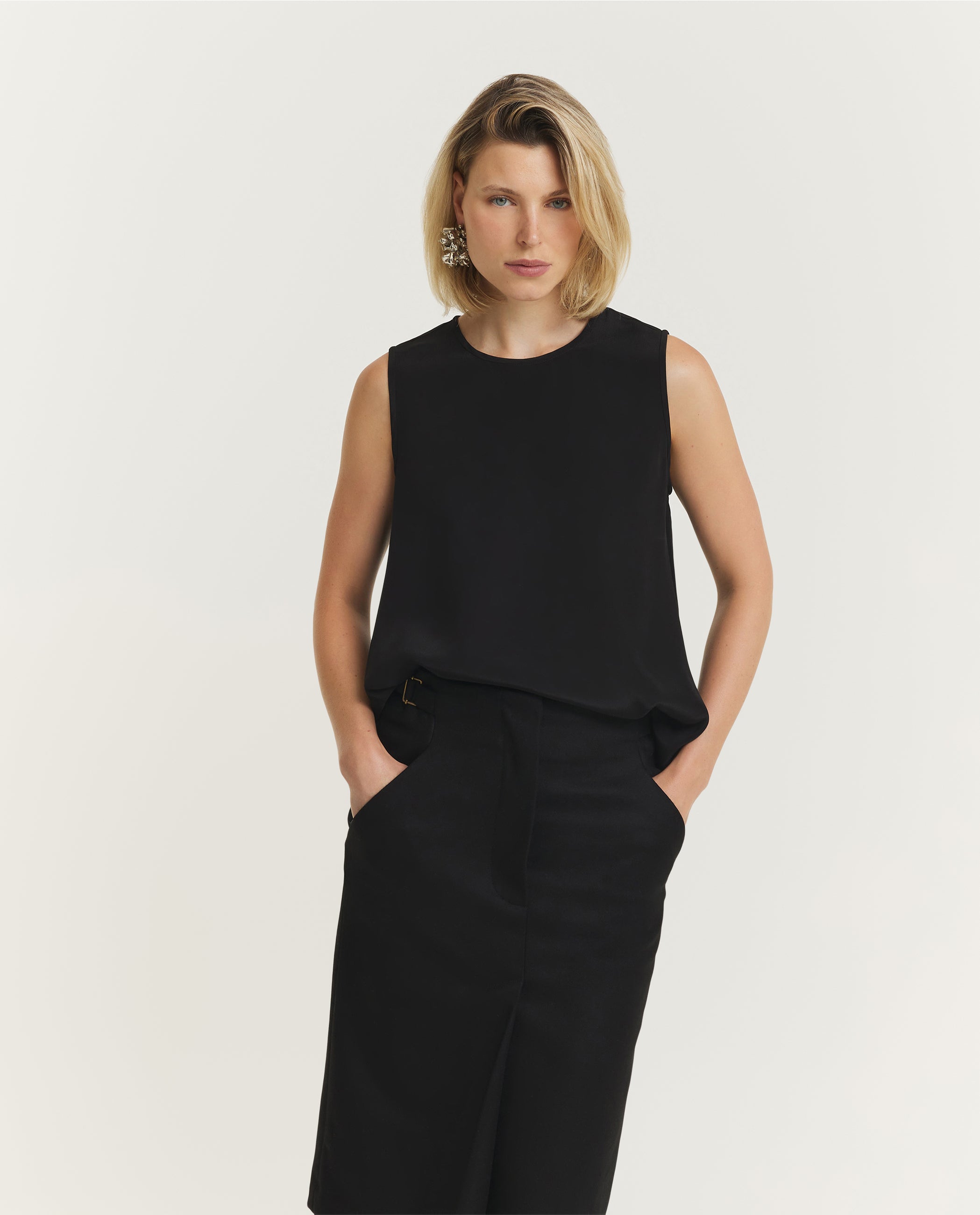 Mouwloze Zijde Mix Top - Zwart