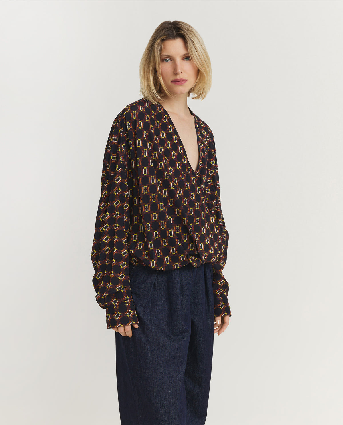 Geprinte Zijden Top - Donkerblauw