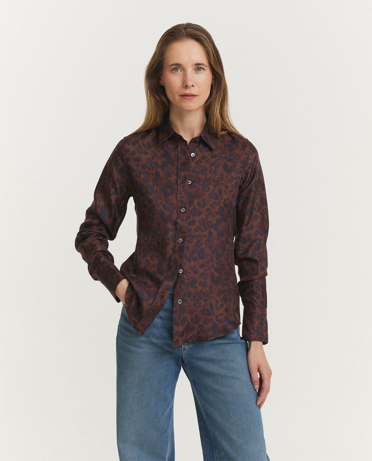 Zijden Dierenprint Blouse - Bruin