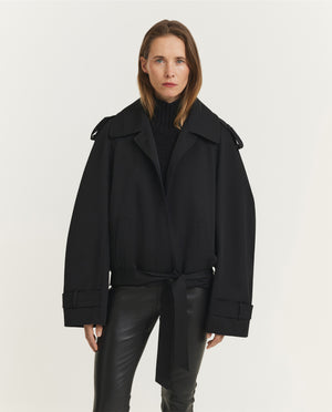 Korte Wollen Trenchcoat - Zwart