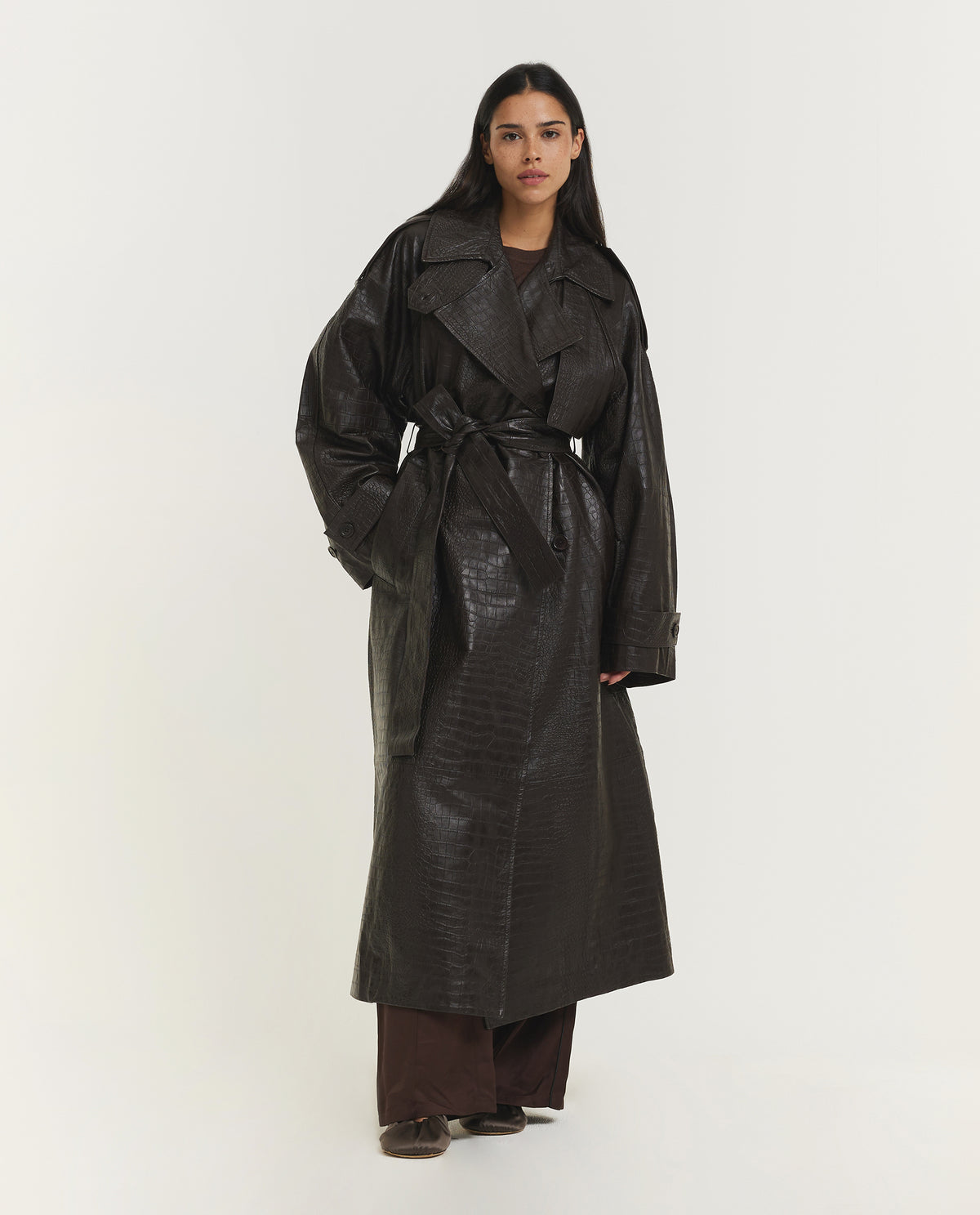 Lederen Croco Trenchcoat - Bruin