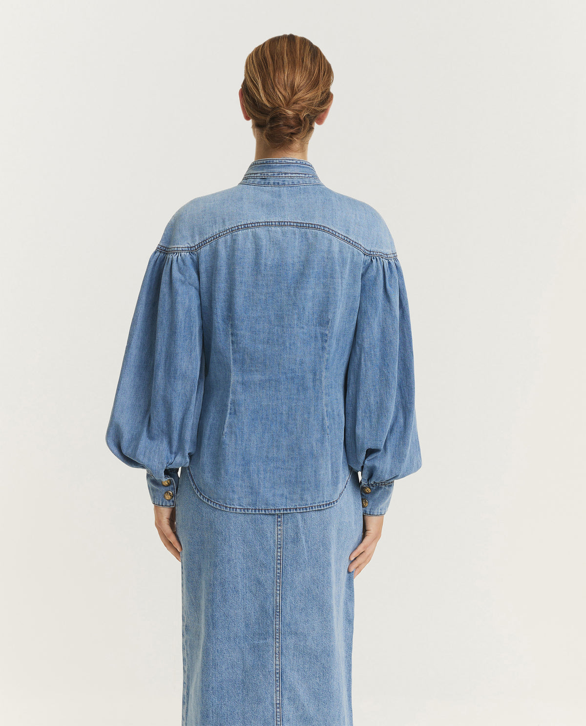 Denim Tie Neck Blouse - Lichtblauw