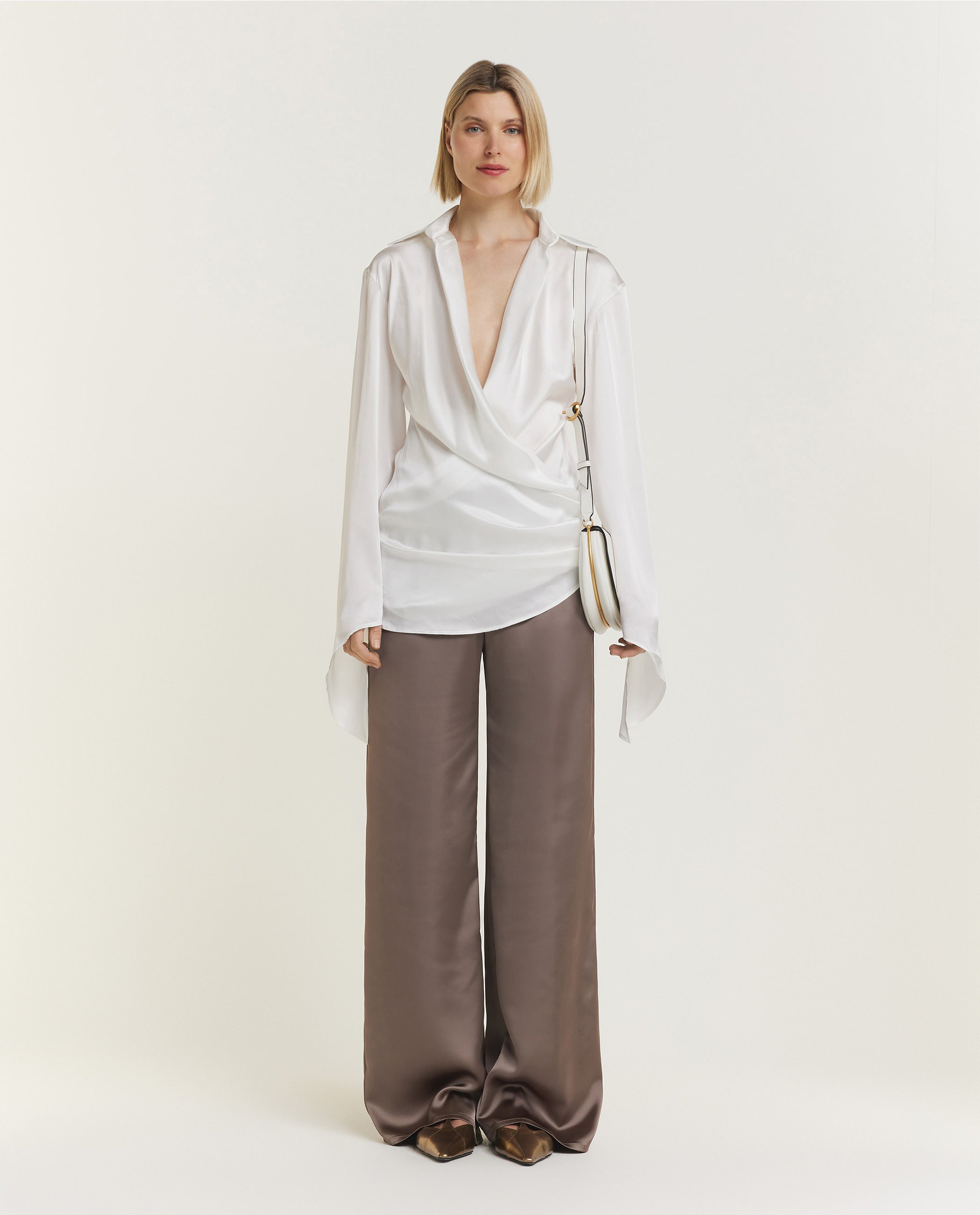 white satin wrap blouse